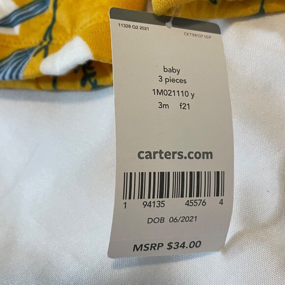 Baby Girls Carters Quilted Hooded Jacket 3M Yellow Floral Cotton Blend - Picture 7 of 8